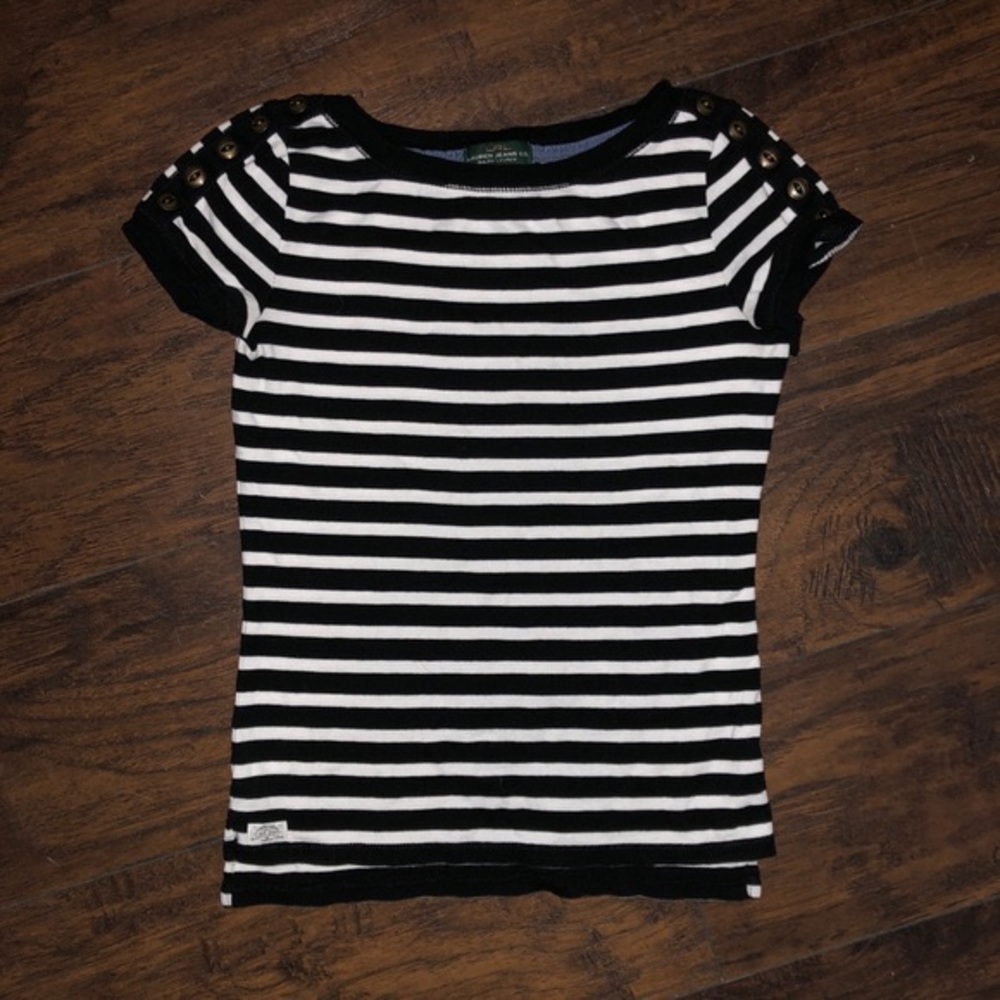 Lauren Ralph Lauren White & Black Striped Tee. Buttons Cotton Women’s Size XL